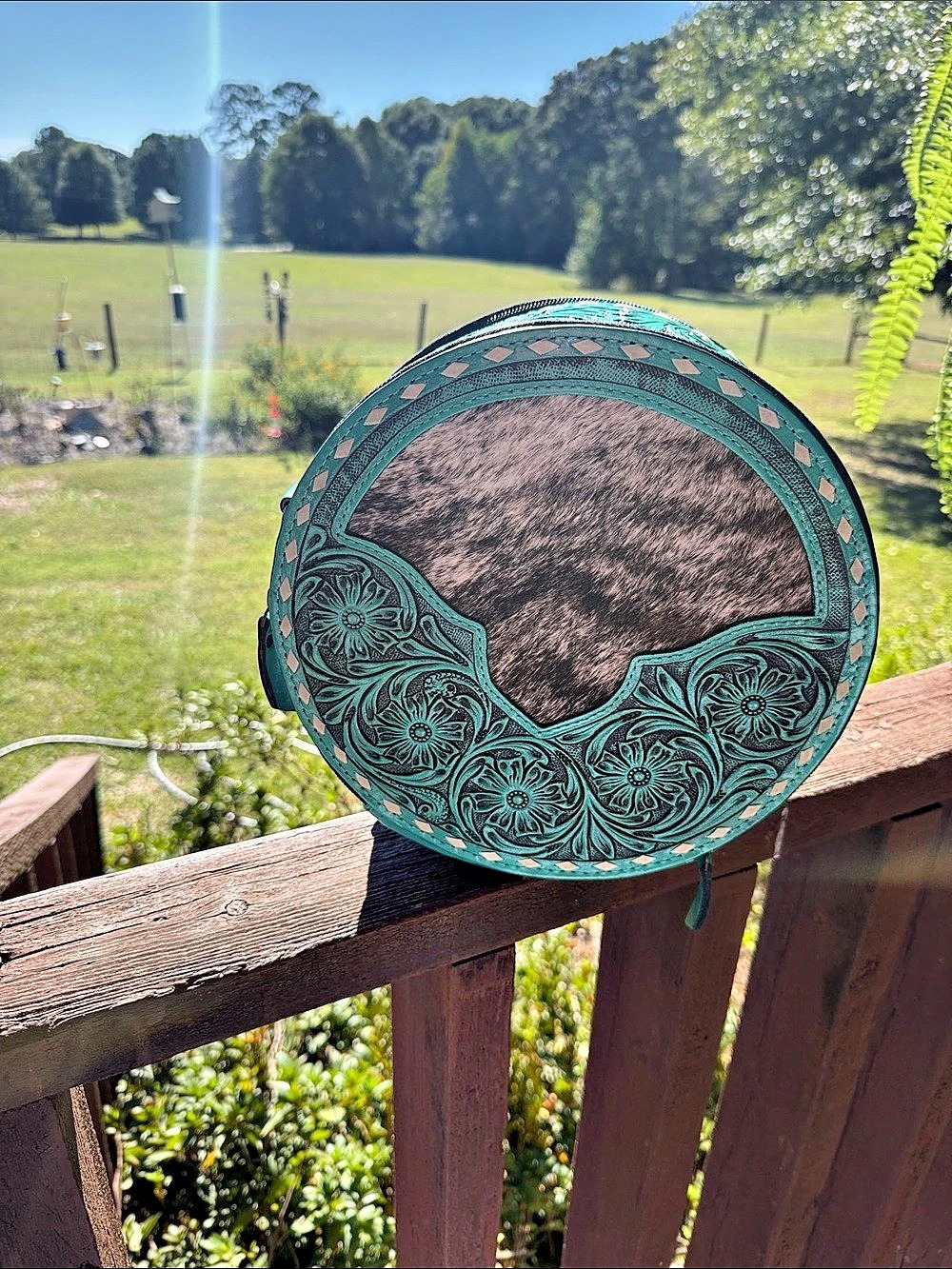 Myra Bag Cimarron Bluff Hand-tooled Round Bag Turquoise & Brown
